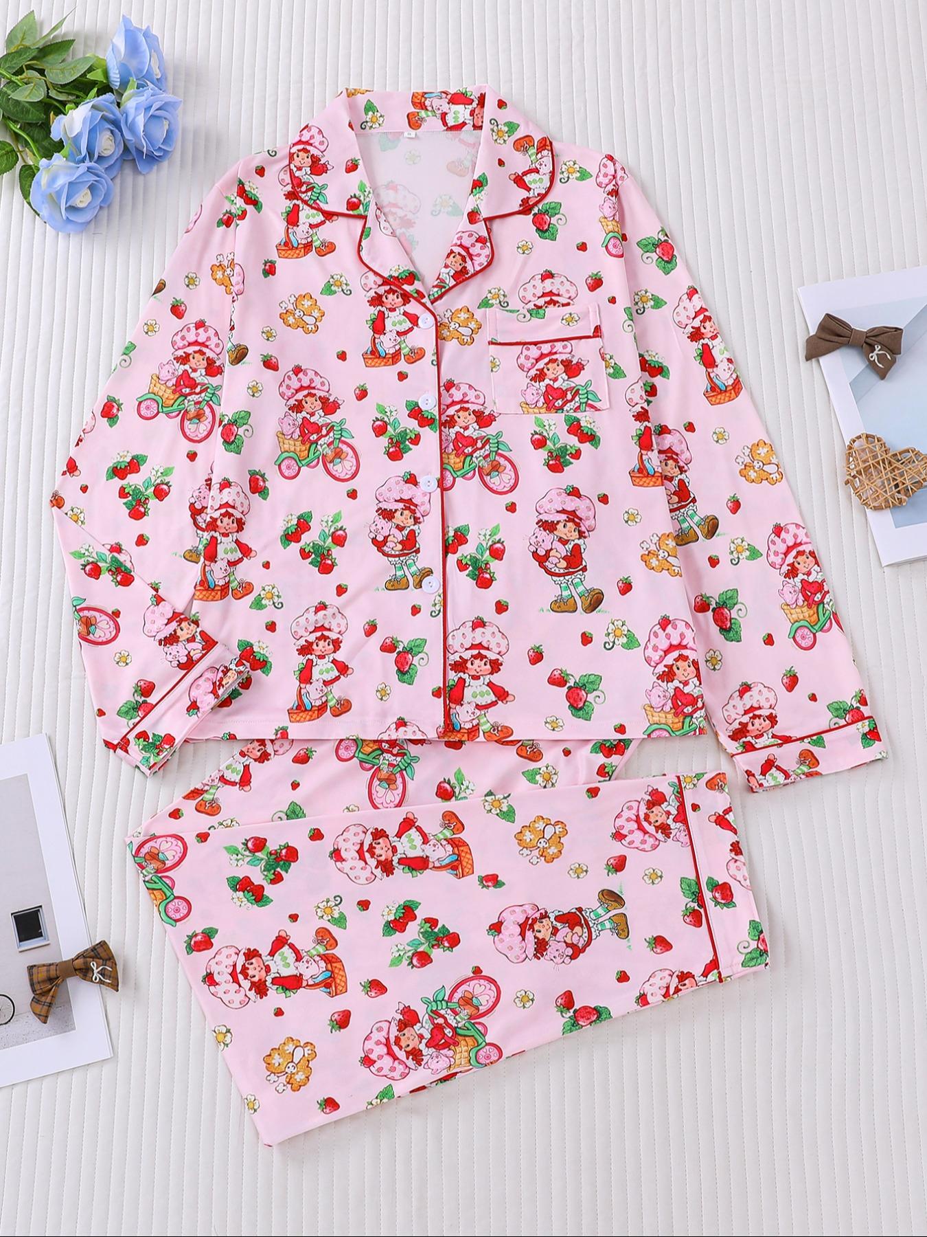 Women's Cute Strawberry Pattern Print Sleepwear Set, Long-Sleeve Button-Up Top & Elastic-Waist Pants, Casual Fall Winter Pajamas Pjs, Comfortable Home Wear Loungewear