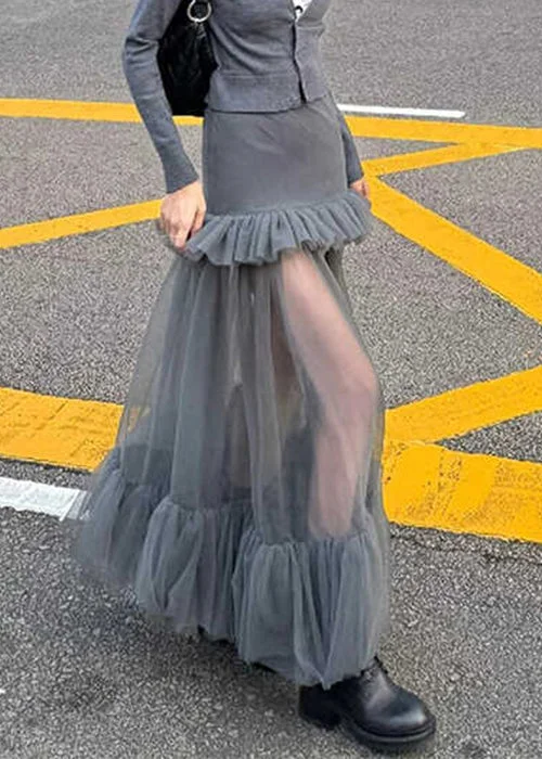 Slim Fit Grey Ruffled Tulle Patchwork Maxi Skirts Spring
