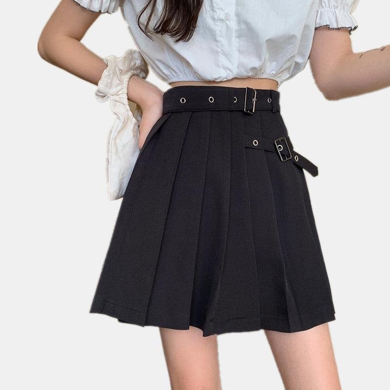 Double Buckle Black Pleated Skirt