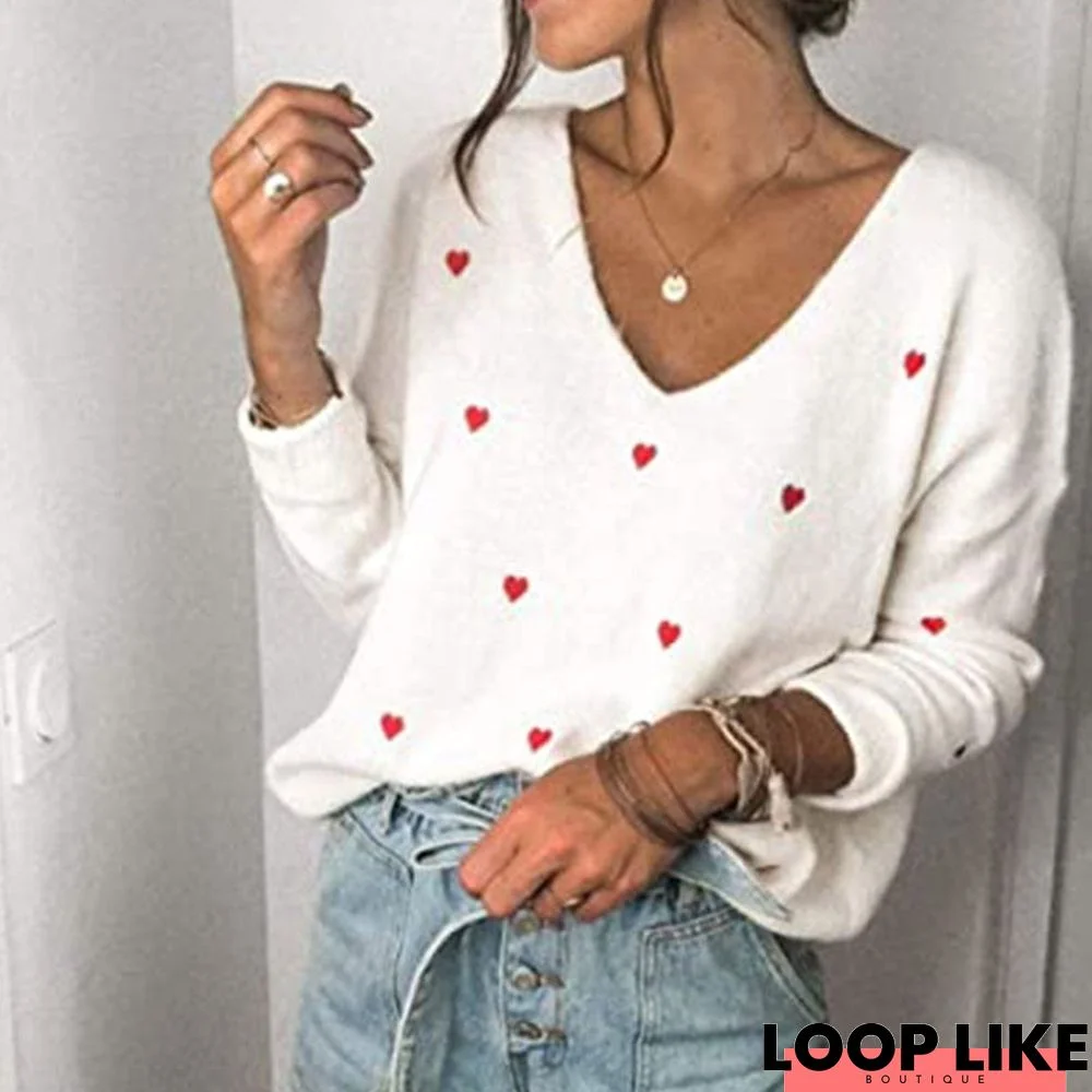 Valentine's Day Love Wave Point V-Neck Loose Pullover Sweater