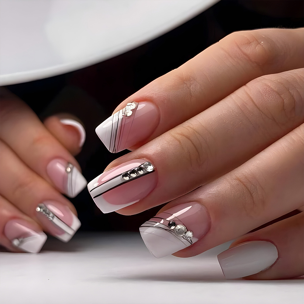 Gamehomew 24pcs French Blue Side False Nails Wearable Rhinestone Desgin Fake Nails Short Simple Nail Full Cover Nail Tips Press On Nails