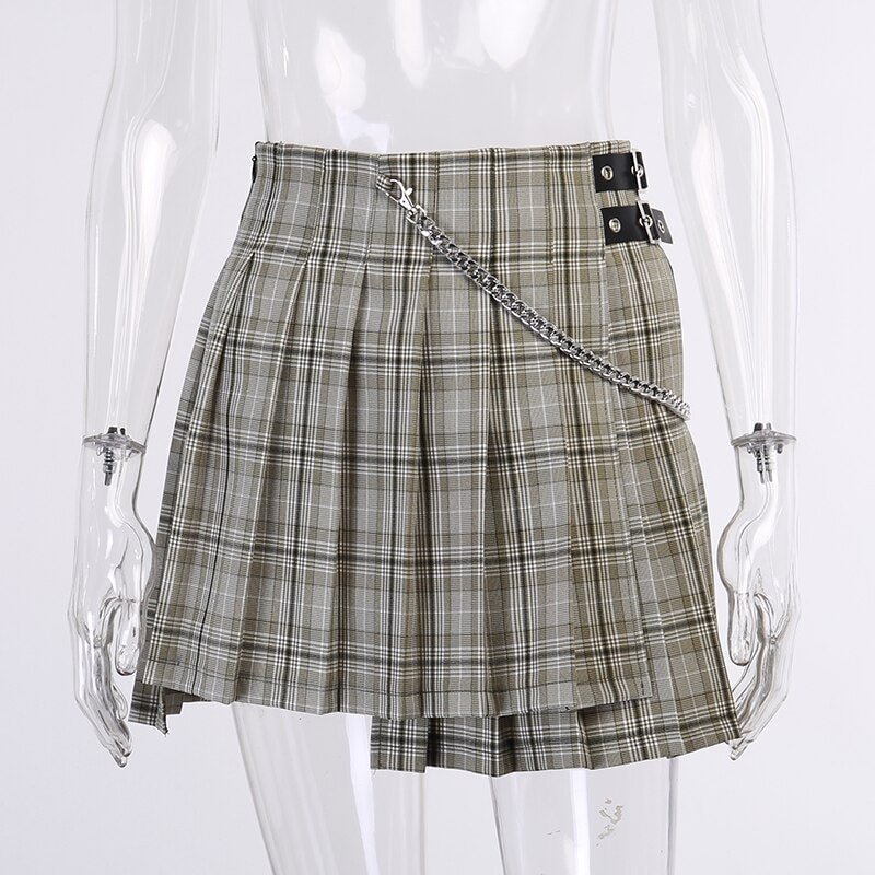 InstaHot Plaid Pleated Skirt High Wais Aysmmetric Belt Casual Party Club Vintage Preppy England Mini Skirt Women Summer Skrits