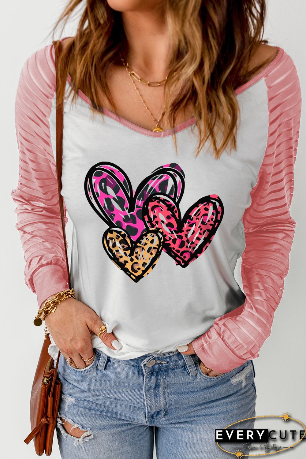 Pink Sheer Striped Sleeve Valentine's Day Leopard Heart Print Top