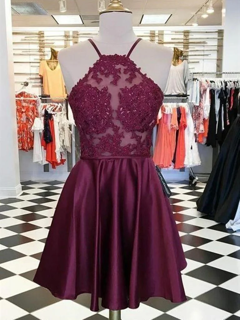 Short Burgundy Lace Prom Dresses Halter Formal Homecoming Graduation Dresses