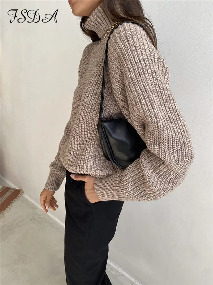 Turtleneck Women Sweater Women Khaki Long Sleeve Pullover 2022 Autumn Winter Casual Pink Jumper Top Loose Oversized