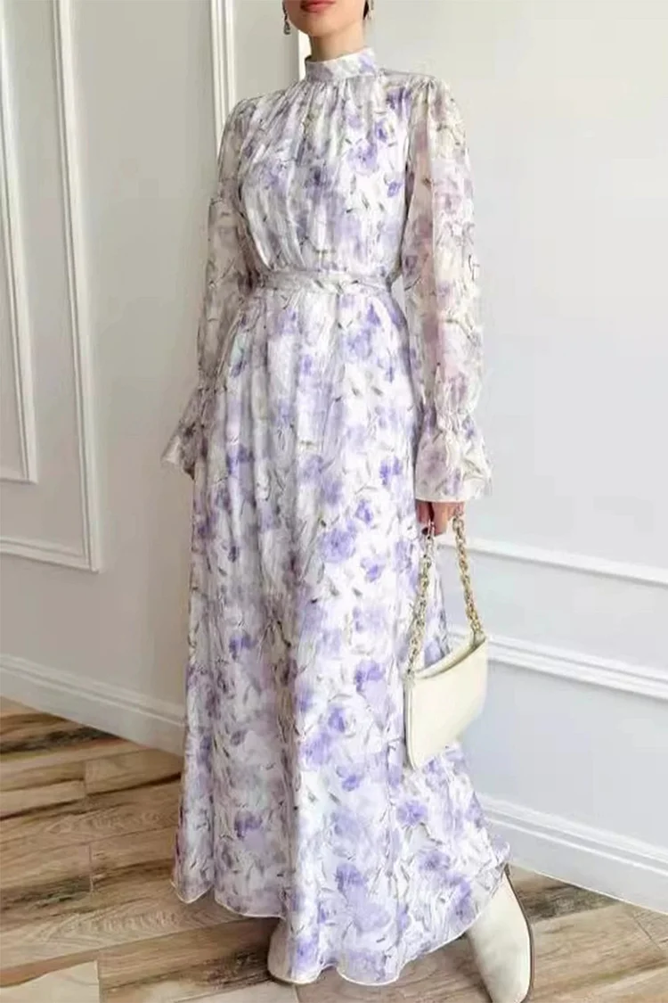Wedding Guest Light Purple Chiffon Floral Print Mock Neck Long Sleeve Maxi Dress