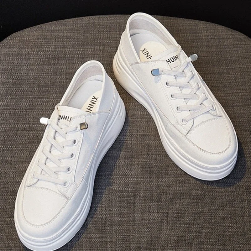 Meotina Sneakers Women Shoes Genuine Leather Flats Platform Shoes Round Toe Causal Lace Up Shoes Female  Autumn Black White