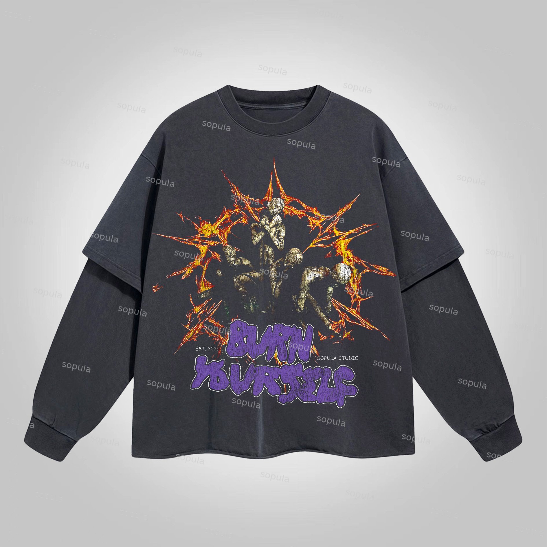 Sopula Self-Inflicted Burn Yourself Vintage Graphics Double Layer T-Shirt - SOPULA