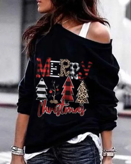 Merry Christmas Graphic Print Cold Shoulder Top