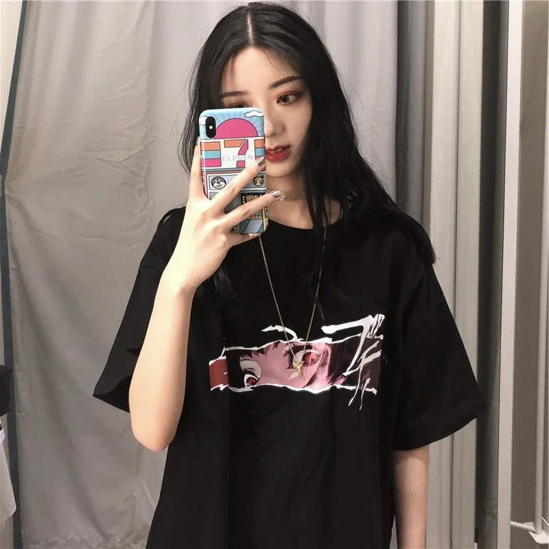 Vintage cartoo Printed Causal black All Match t shirt Loose summer Short Sleeve Female T-shirts harajuku hip hop streetwear tops