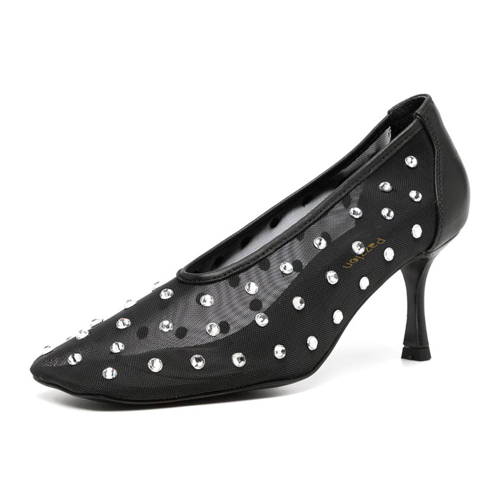 Mesh Rhinestone Square Toe Flared Heel Black Pumps for Women Nicepairs