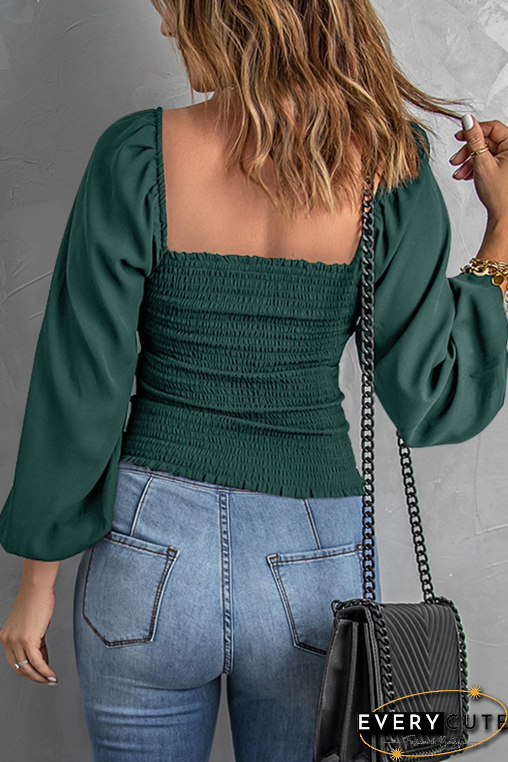 Green Puff Sleeve Smocked Top