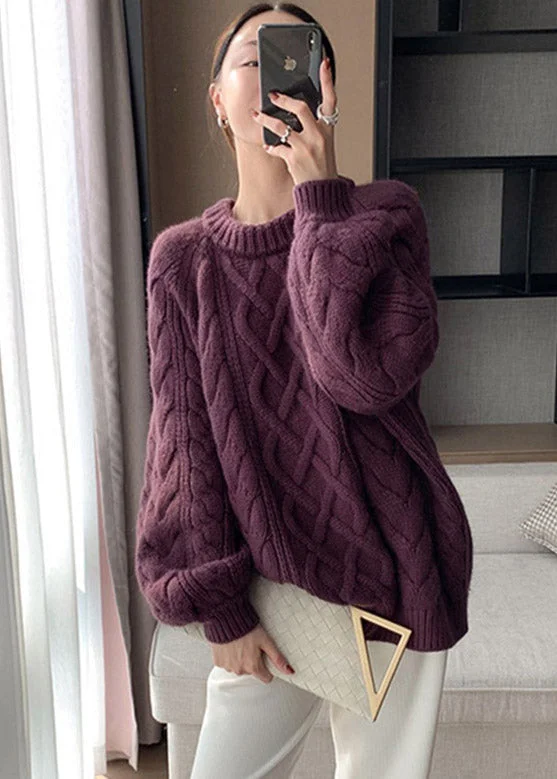 Cute Purple O-Neck Cozy Thick Cable Knit Sweater Winter