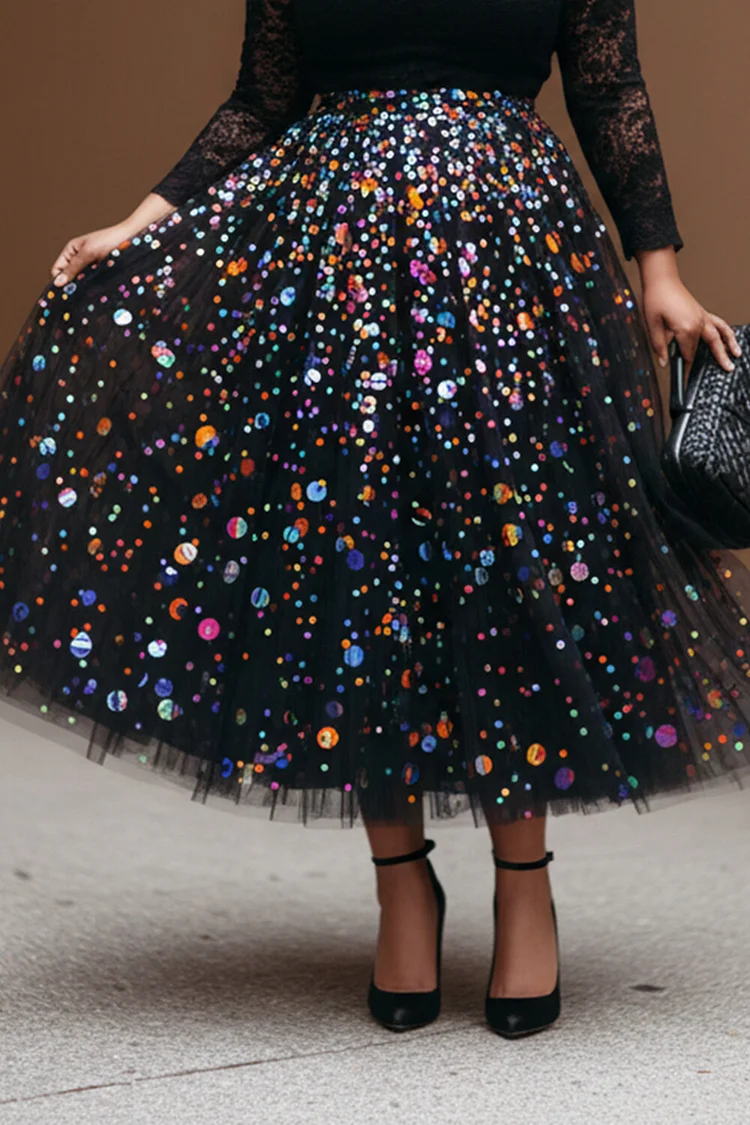 Xpluswear Design Plus Size Party Tulle Multicolor See Through Elegant Sequin Skirts 2024 - Xpluswear