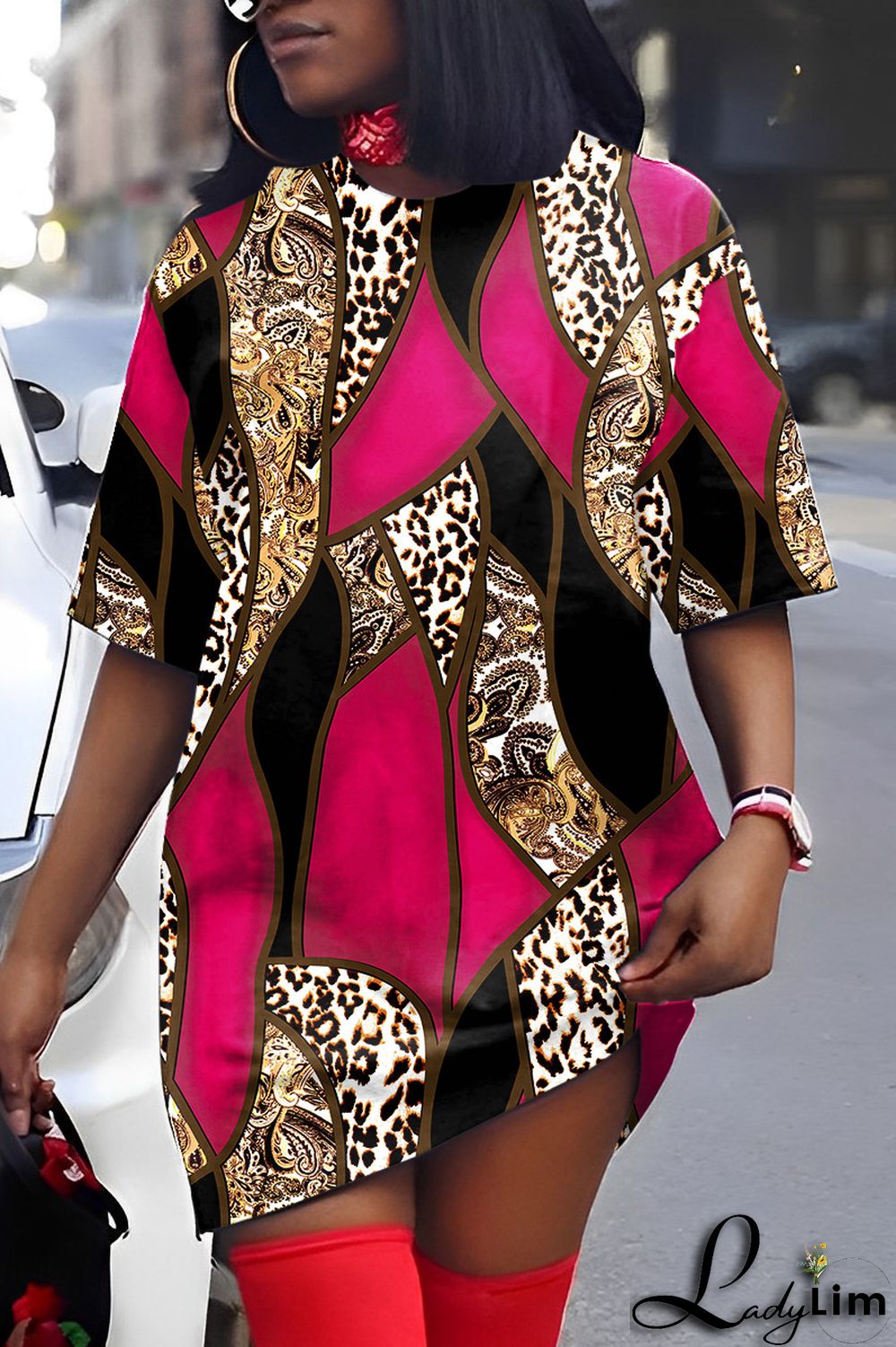 Yellow Casual Print Patchwork V Neck Short Sleeve Dress