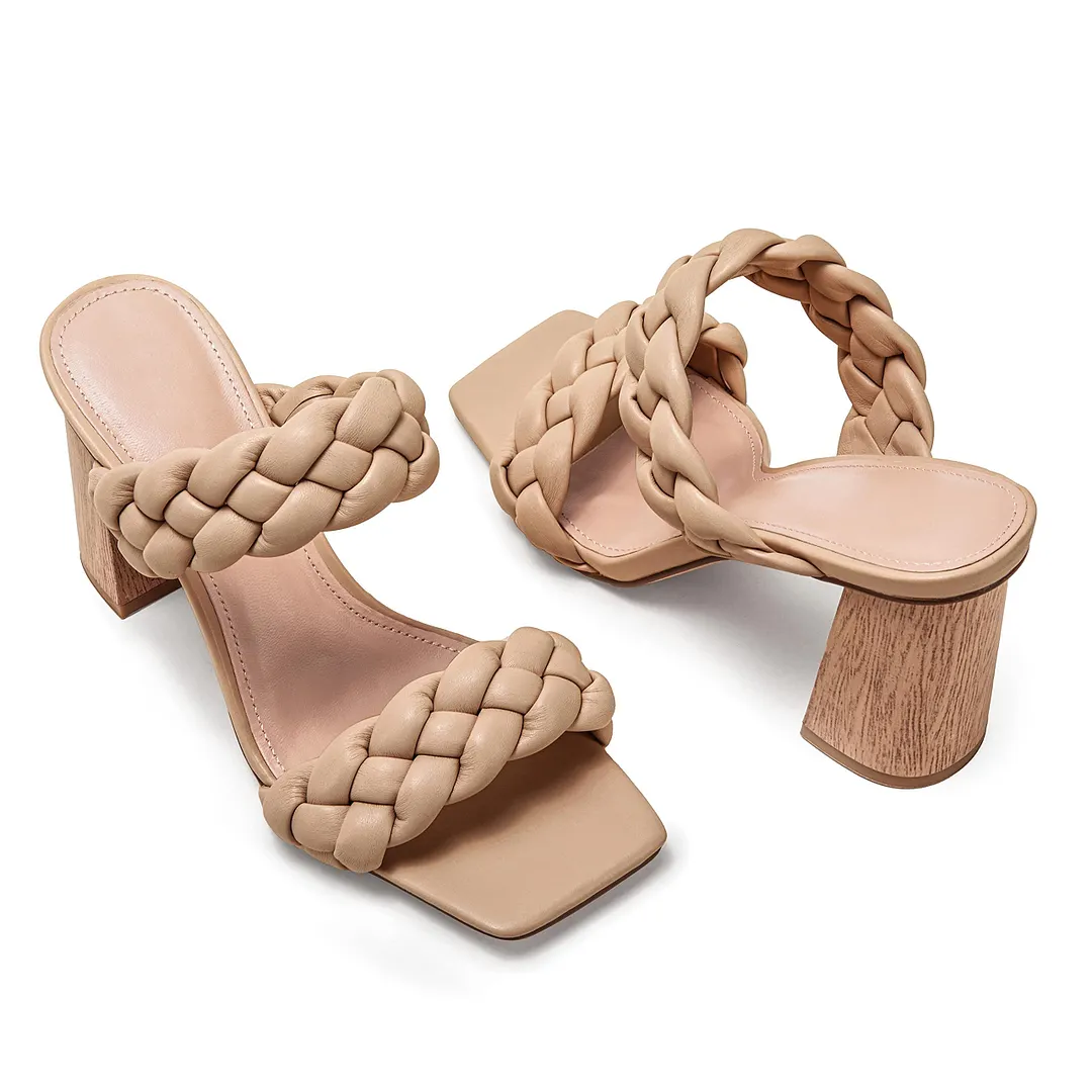 Women's Backless Square Open Toe Block Strappy Braided Heeled Sandals-vocosishoes