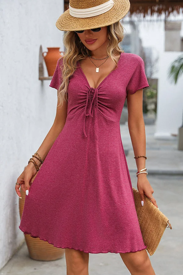 Solid Color V Neck Knot Front Mini Dress