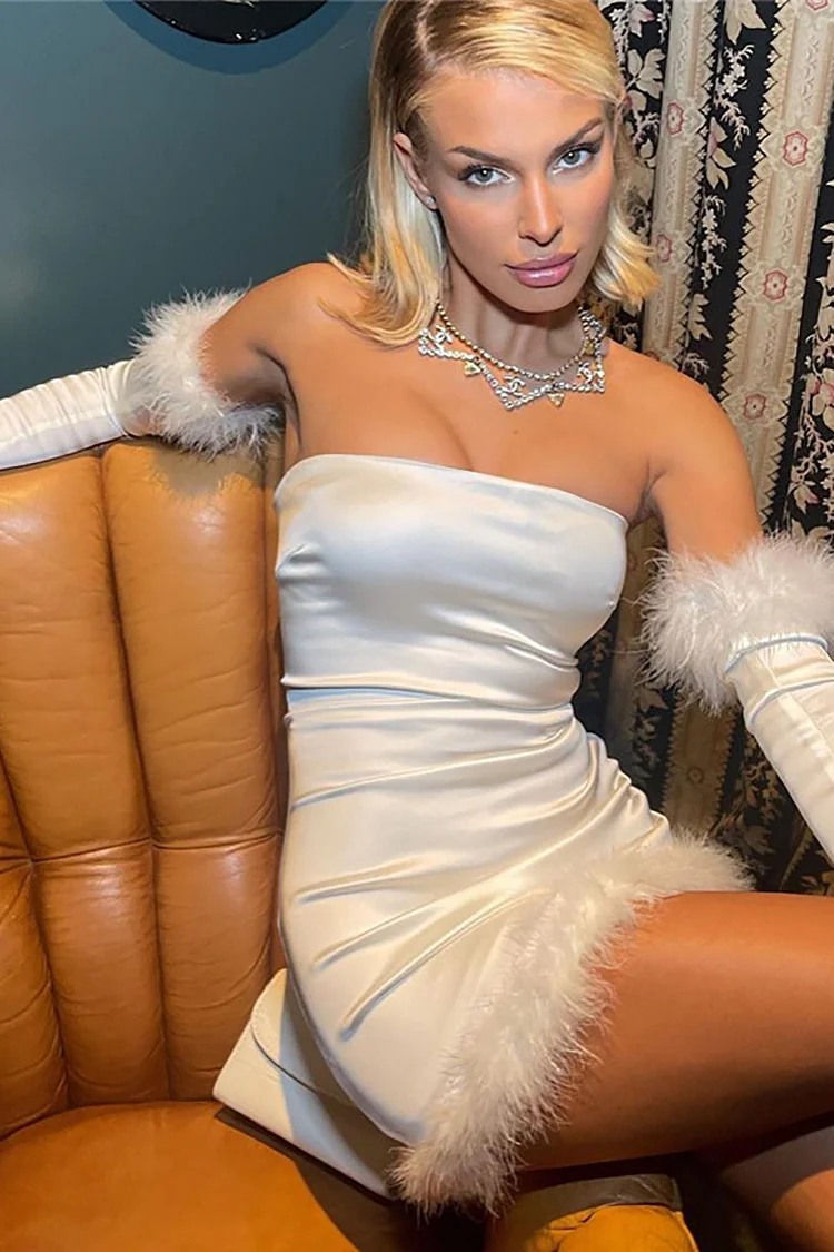 Tube Feather Trim Bodycon Gloves Mini Party Dresses