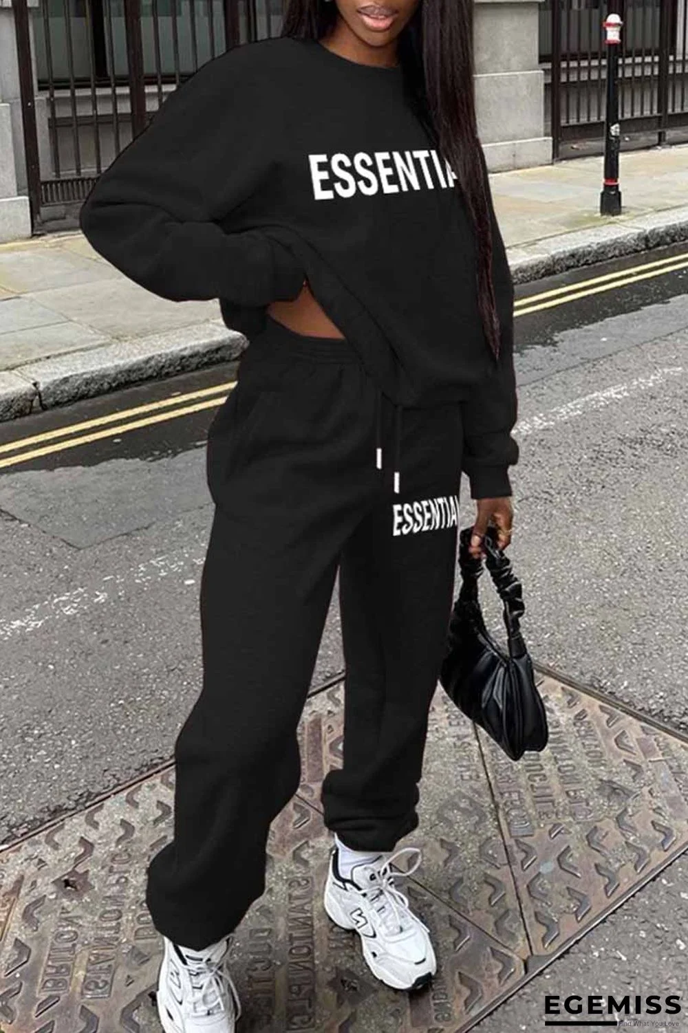 Black Casual Print Letter O Neck Long Sleeve Two Pieces | EGEMISS