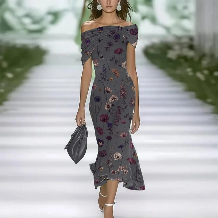 Elegant Spring and Summer Floral Print Off Shoulder Dres