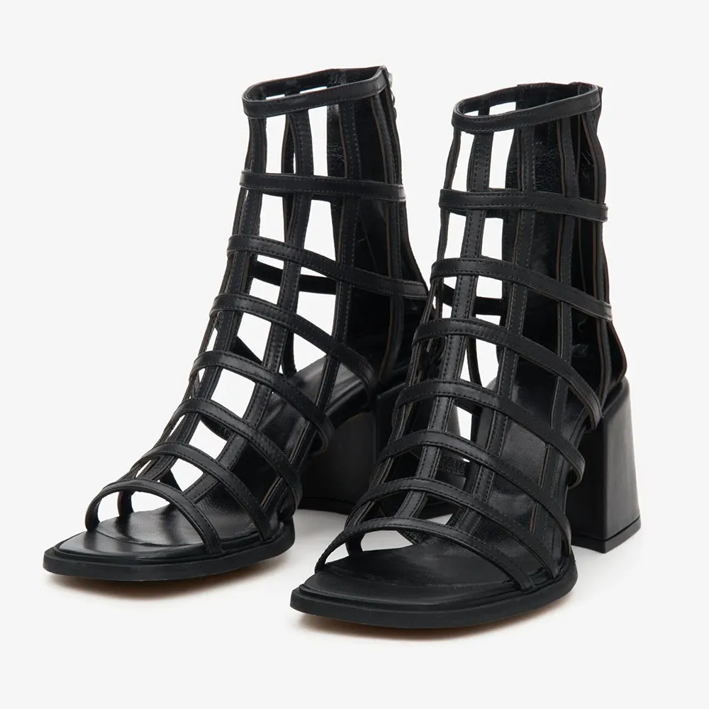 Black Open Square Toe Cut Out Block Heel Zipper Gladiator Sandals Nicepairs