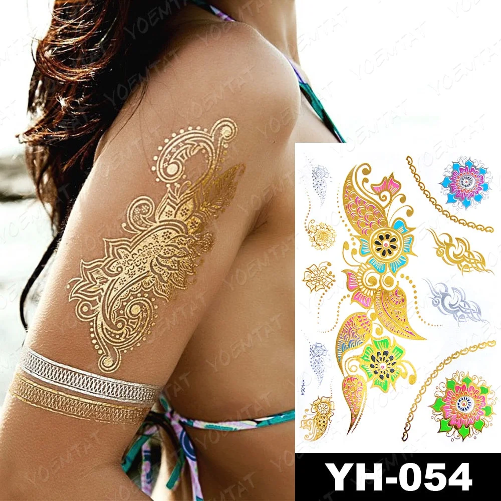 Waterproof Temporary Tattoo Sticker Gold Silver Henna Indian Hand Painted Glitter Tattoos Women Mandala Flower Feather Body Art