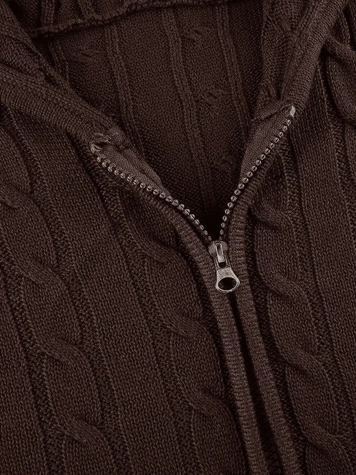 Brownm Hooded Cable Knit Cardigan