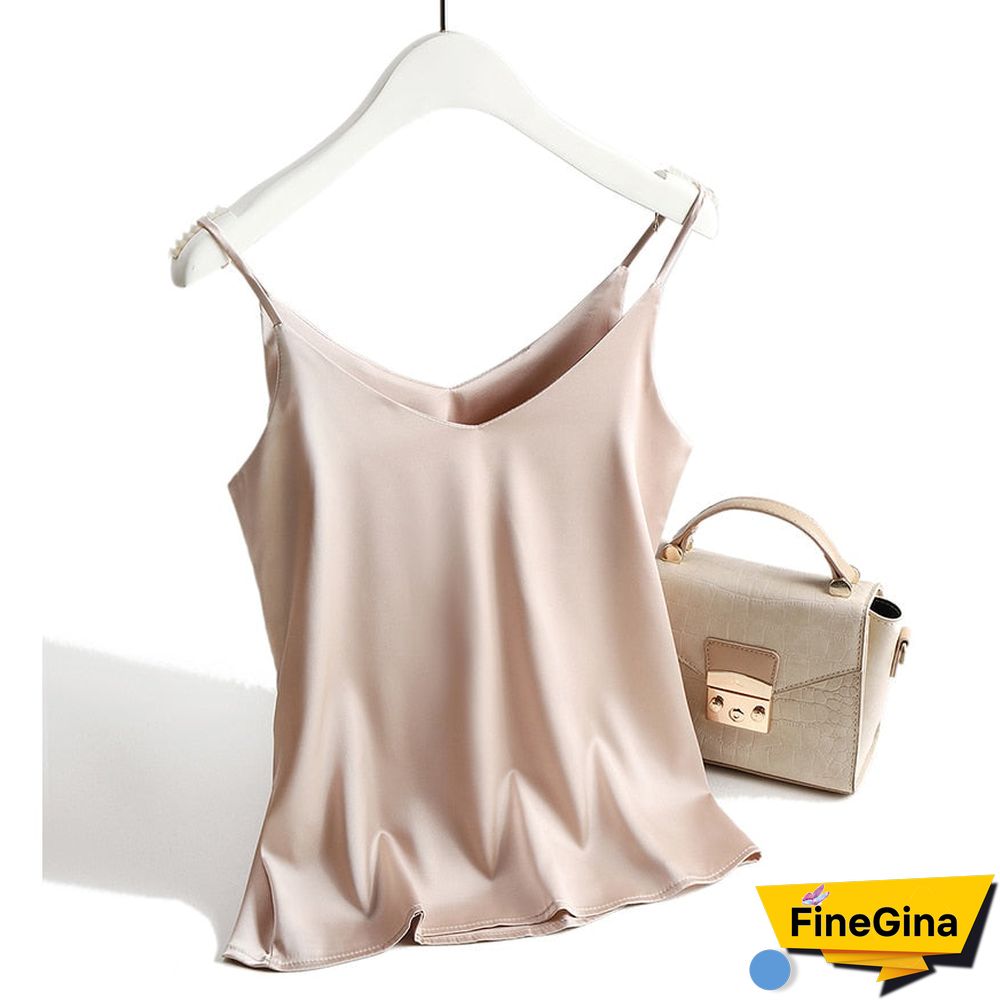 Spaghetti Strap Top Women Halter V Neck Basic White Cami Sleeveless Satin Silk Tank Tops Women'S Summer Camisole Plus Size