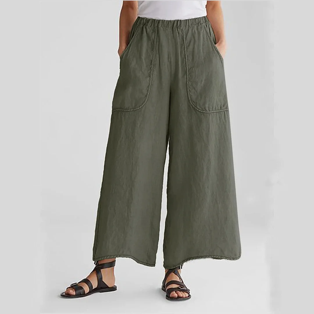 Women plus size clothing Women's Pant Pocket Mid Waist Solid Color Cotton Linen Loose Casual Pants-Nordswear