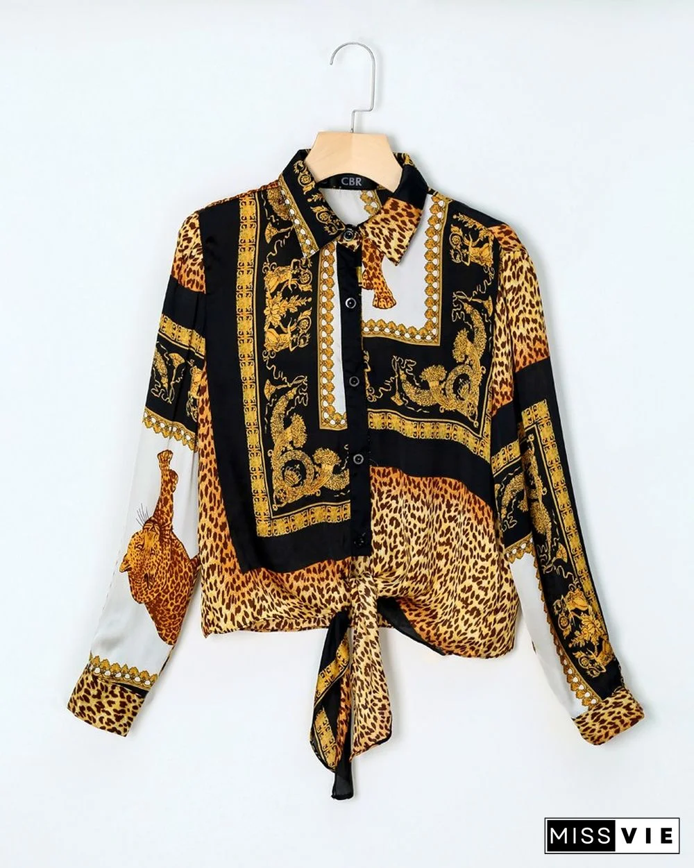 Leopard Print Knot Front Long Sleeve Blouse