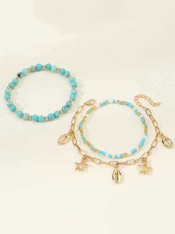 Beaded Chains Tasseled Triple Layered Anklets