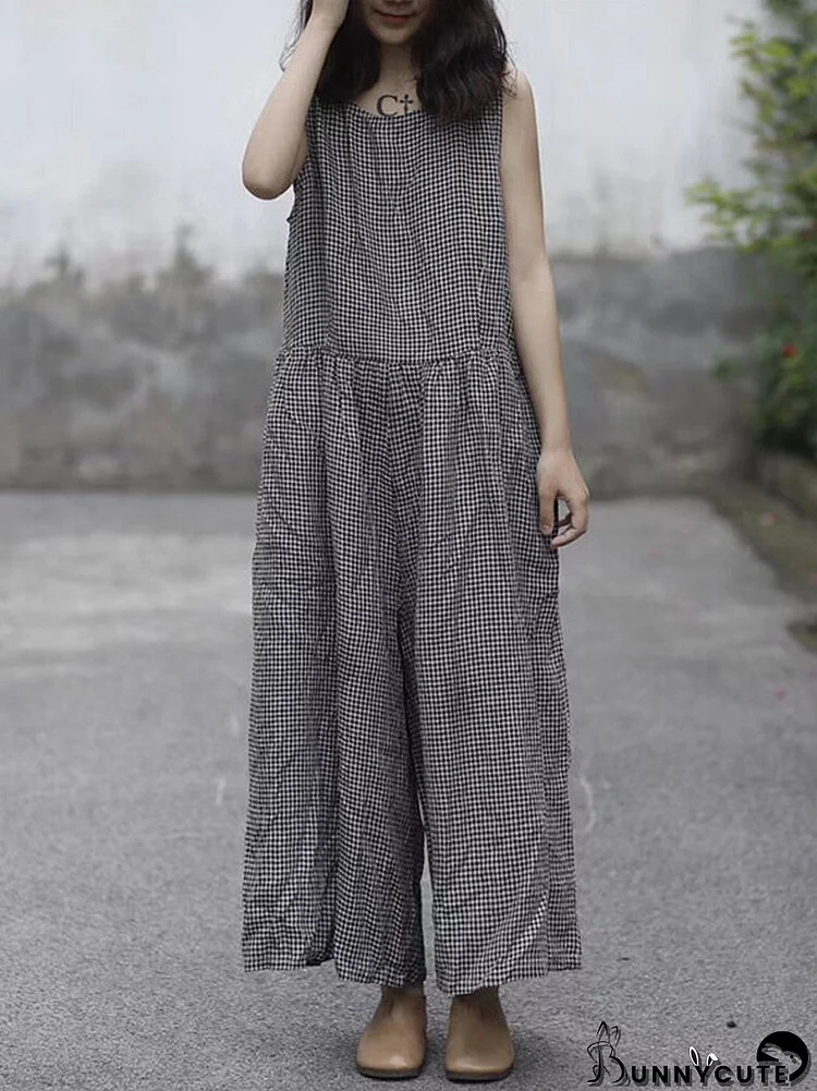 Plaid Wide Leg Sleeveless Baggy Black Overalls Jumpsuit