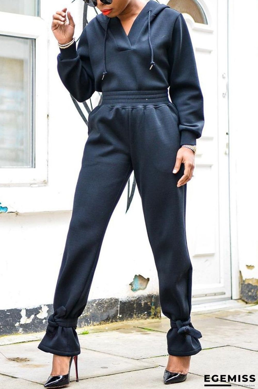 Black Fashion Casual Solid Basic Hooded Collar Long Sleeve Two Pieces | EGEMISS