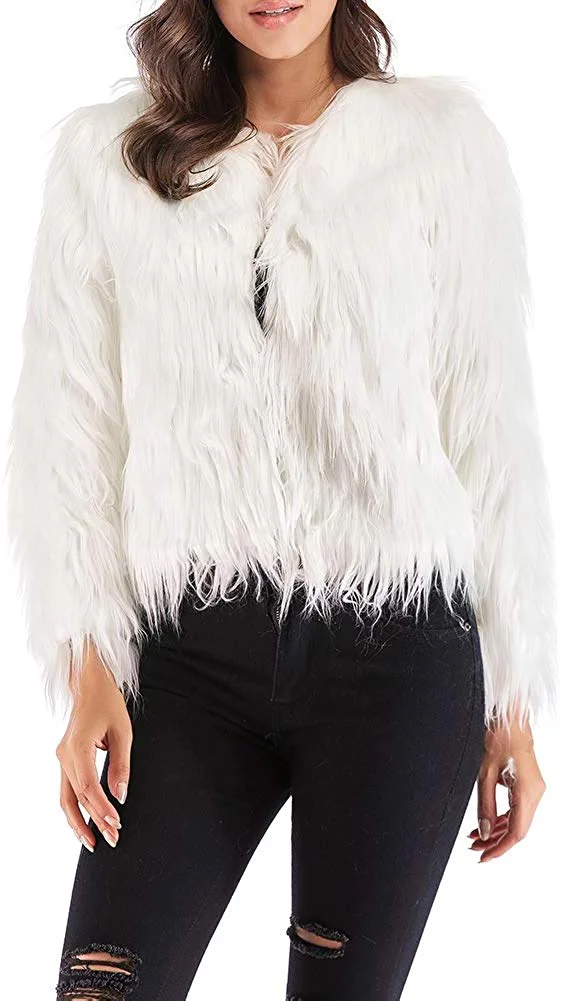 Shaggy Faux Fur Coat Solid Color Long Sleeve Short Jacket