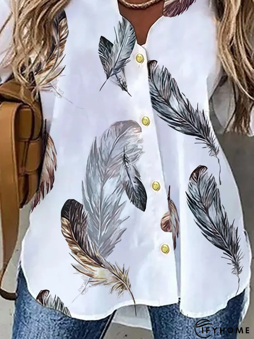 Casual Feather V Neck Long Sleeve Blouse | IFYHOME