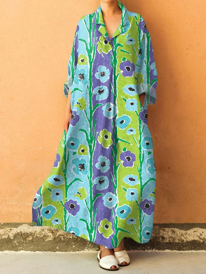 Women's Vintage Floral Art Print V-Neck Pocket Cotton Dress