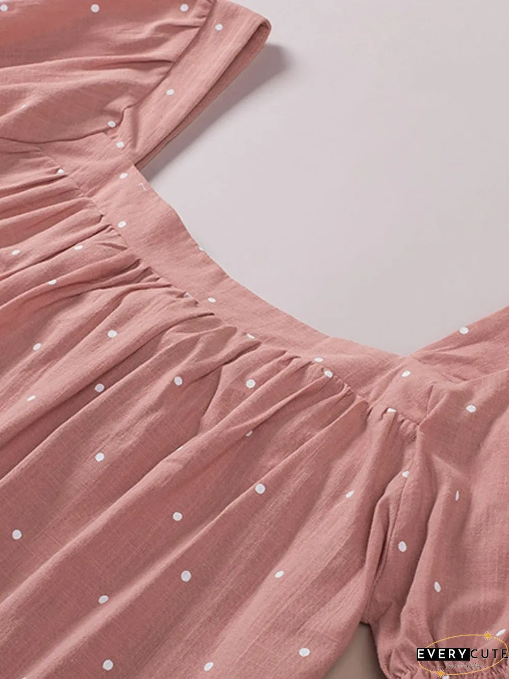 Pink Polka Dot Square Neck Puff Sleeve Blouse with Tie Back
