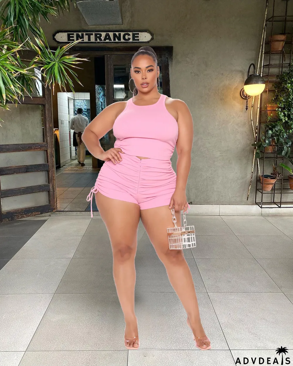 Plus Size Tank Tops And Ruch Shorts Two Piece Set