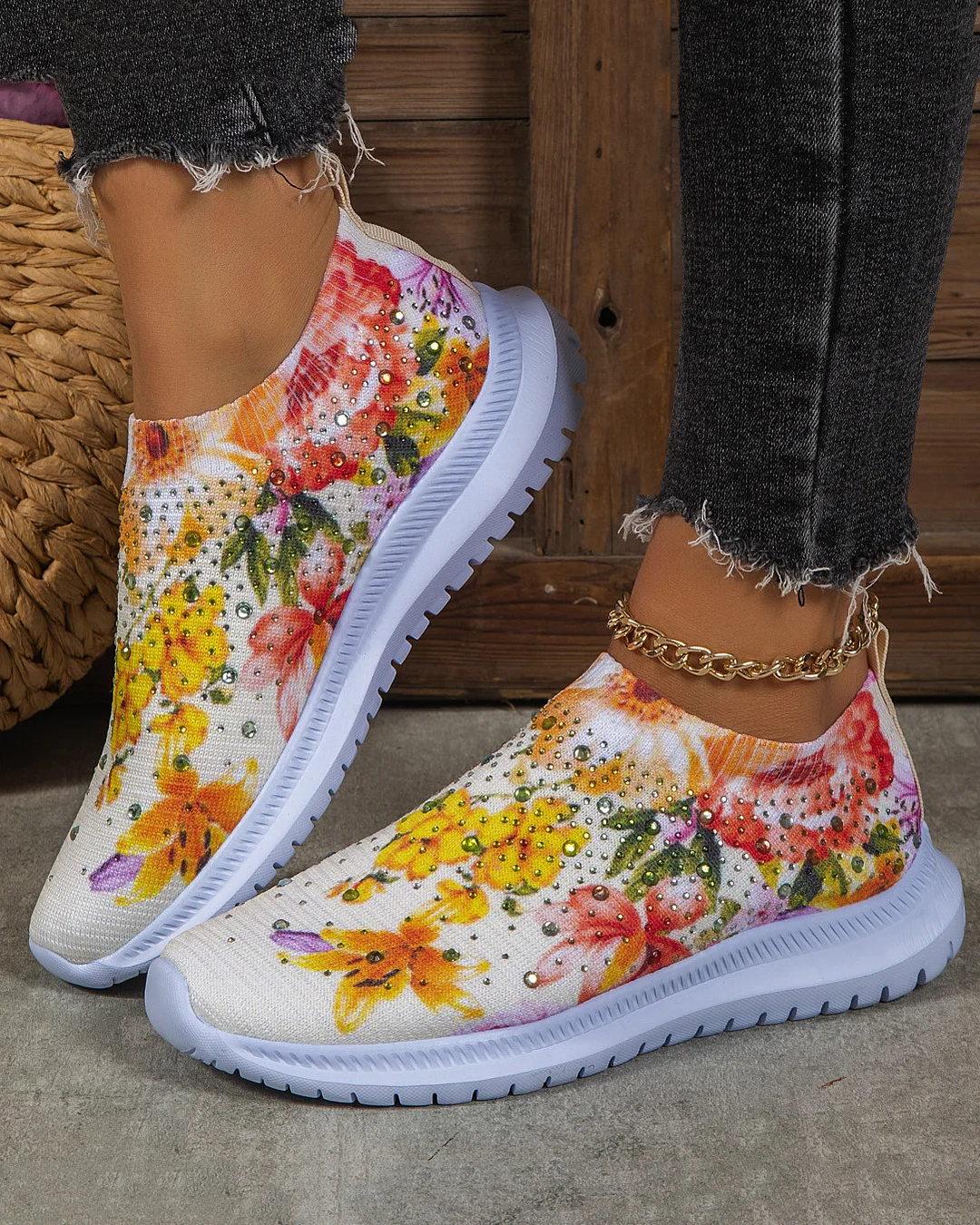 3D Printing Flower Rhinestone Slip-On Loafers Large Size