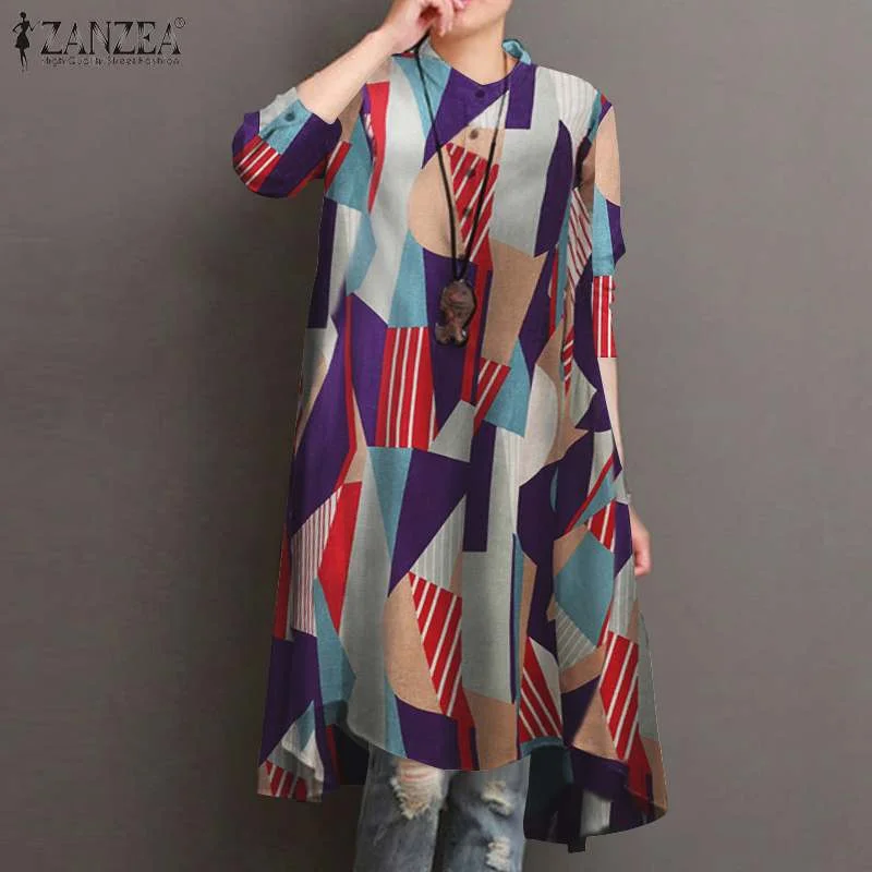 2022 ZANZEA Autumn Women's Asymmetrical Blouse Vintage Printed Long Shirts Casual Long Sleeve Blusas Button Tops Tunic