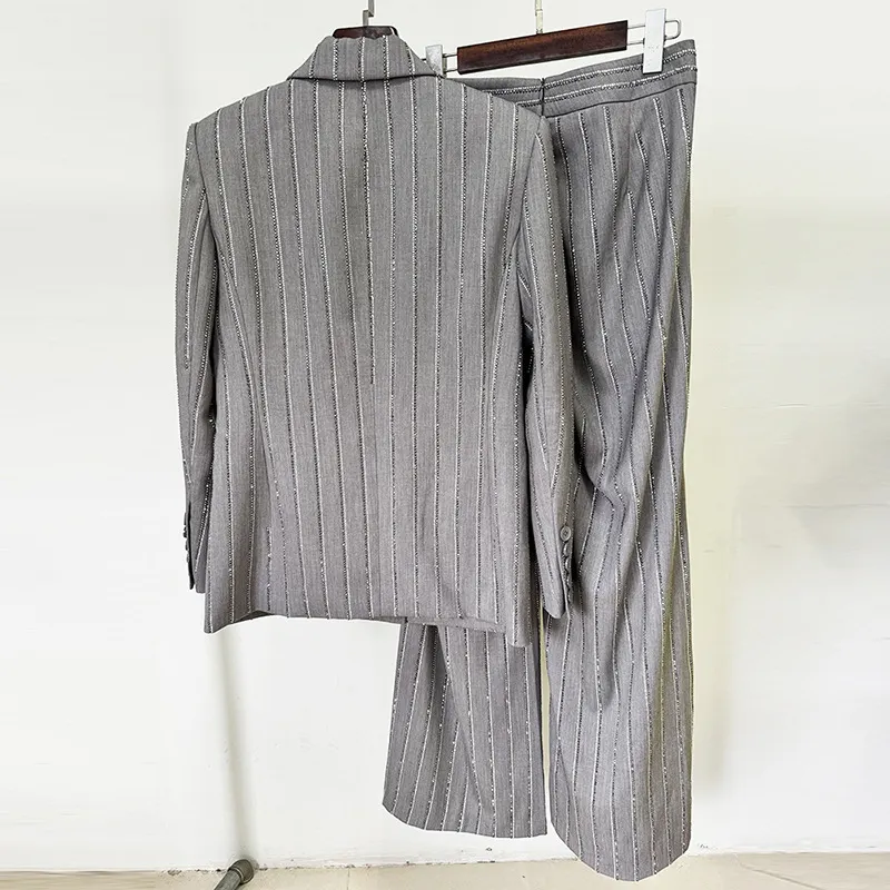 Nigikala Nigikala Early Spring New High-Grade Gray Heavyweight Hot Diamond Double Buckle Suit Trousers Set Two Sets