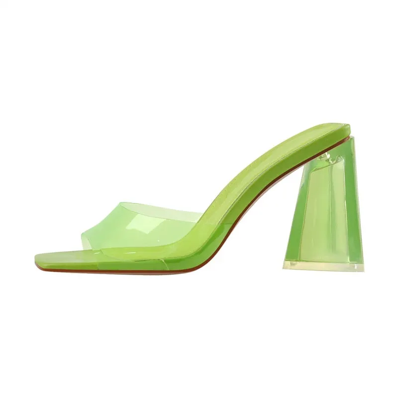 Onlymaker Women Square Toe PVC Slip on Clear High Heels Transparent Summer Concise Casual Party Dress Sandal