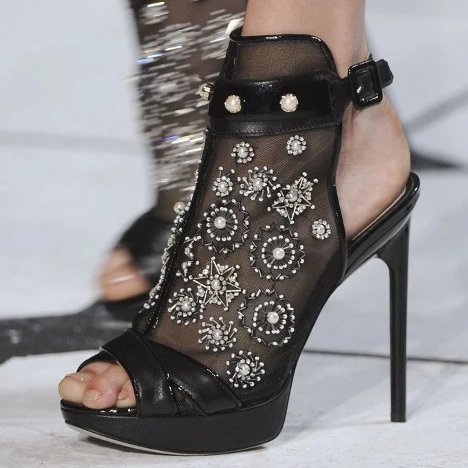 Black Mesh Rhinestone Beaded Stiletto Heel Platform Boots |FSJ Shoes