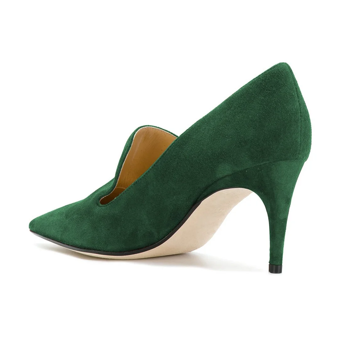 Green Faux Suede Pointed Toe Pumps for Elegant Ladies with High Heels 