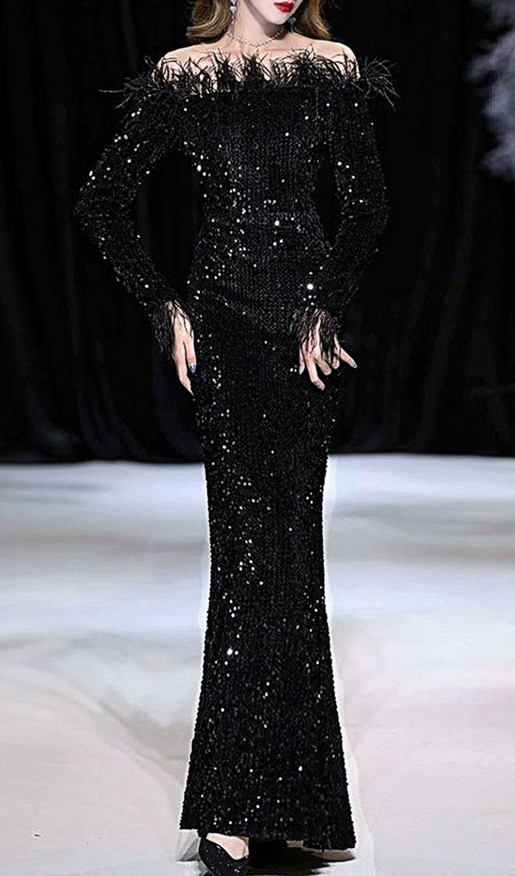 Sequin Sexy Off Shoulder Feather Long Sleeves Gown In Black Flowering Girl