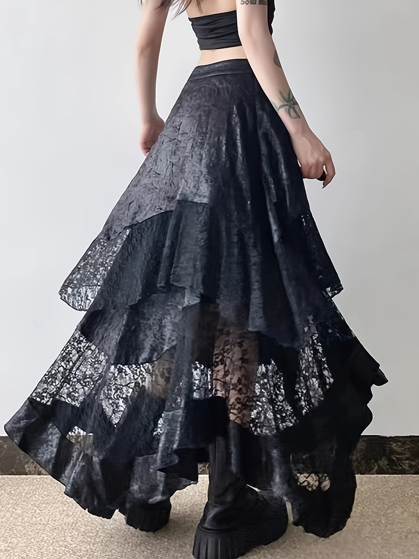 High-Waisted Black Lace A-Line Skirt With Floral Embroidery | Contrast Lace Detail, All-Season Fashion, Stylish Skirt For Women | IFYHOME