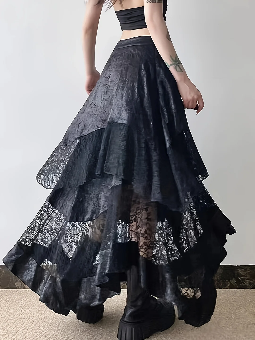 High-Waisted Black Lace A-Line Skirt With Floral Embroidery | Contrast Lace Detail, All-Season Fashion, Stylish Skirt For Women | IFYHOME
