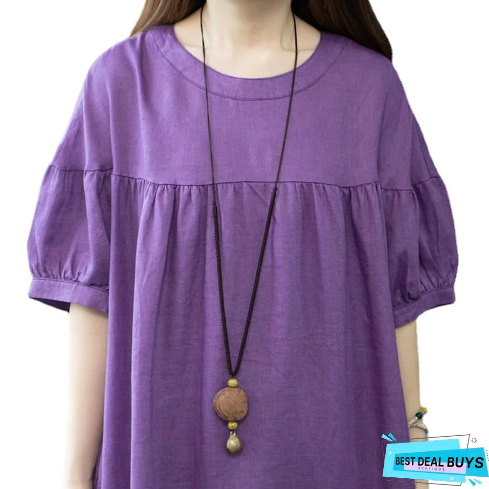 Cotton Dress Women's Casual Loose Plus Size Teaching Folds to Cover Belly Linen