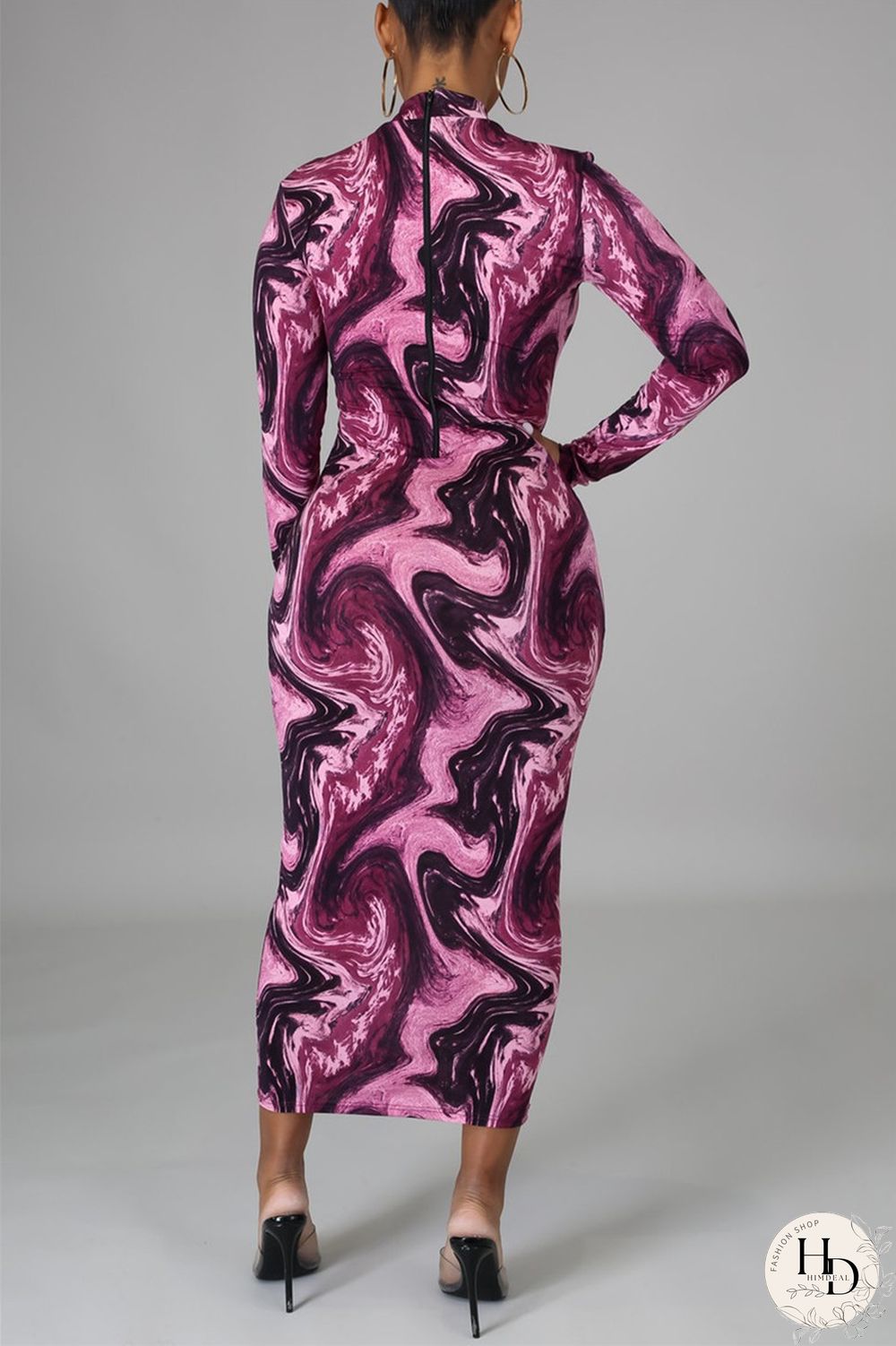 Red Fashion Casual Print Basic Half A Turtleneck Pencil Dresses