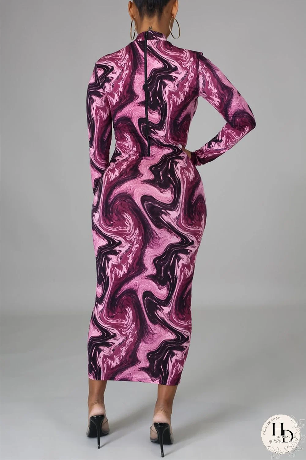 Red Fashion Casual Print Basic Half A Turtleneck Pencil Dresses